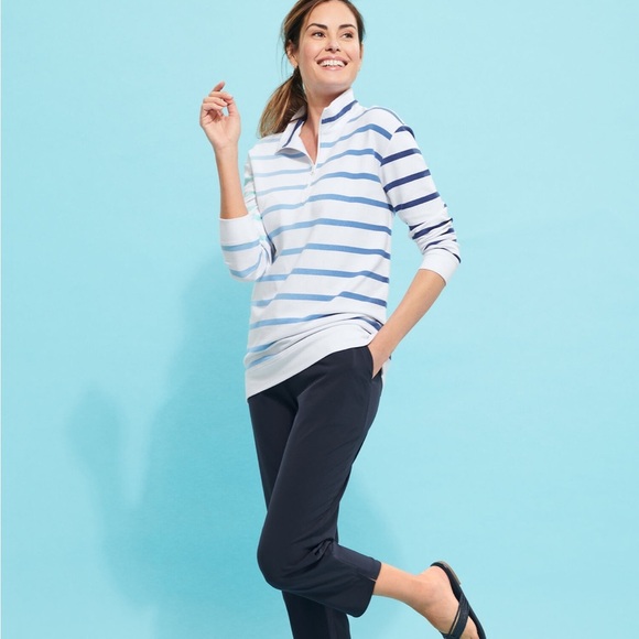 NWOT Talbots Striped Blue/White 3/4 Sleeve Quarter-Zip Pullover Size Small - Picture 2 of 11